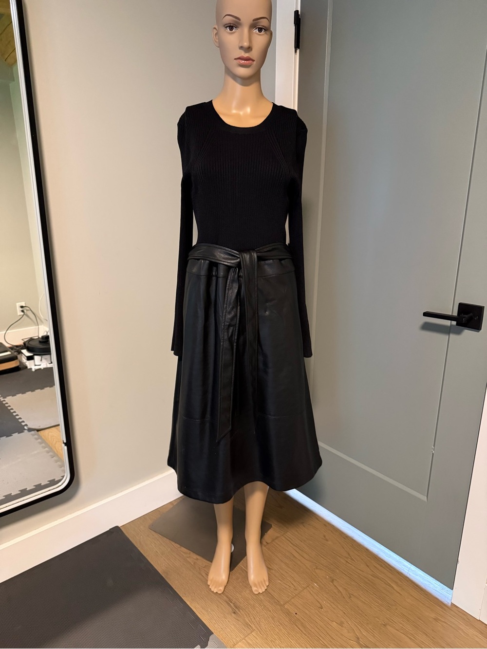 Black Faux Leather Tie-Waist Midi Dress